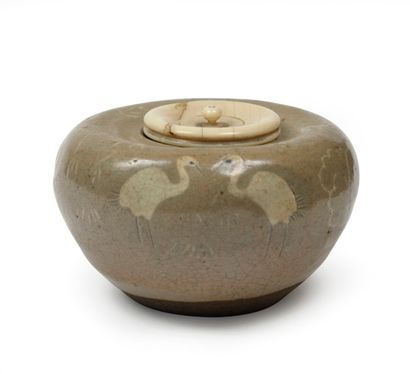null JAPANese stoneware chaire of circular form with flattened body decorated with...