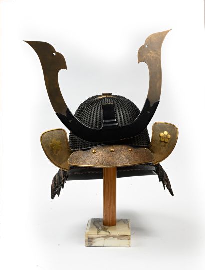 null Japanese Koboshi type helmet, made of black lacquered iron with 62 slats.

	Shikoro...