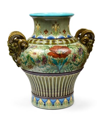 null THEODORE DECK Important ceramic vase of baluster form, the handles figuring...