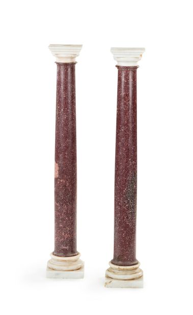 null Pair of Columns in red imperial porphyry, the base and the capital in Carrara...