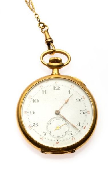 null 18K 750 yellow gold pocket watch, plain case, white dial, Arabic numerals, second...