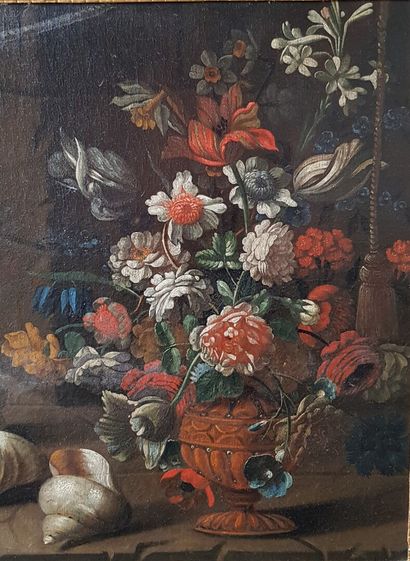 null * Ecole hollandaise du XIXème siècle

Nature morte au bouquet et coquillages...