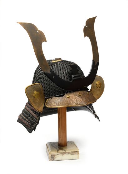 null Japanese Koboshi type helmet, made of black lacquered iron with 62 slats.

	Shikoro...