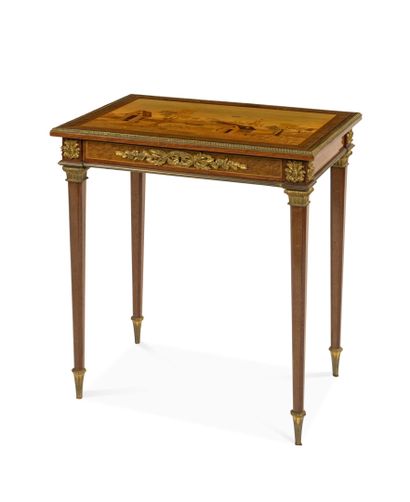 null A small inlaid maple and amaranth table with a marquetry top representing a...