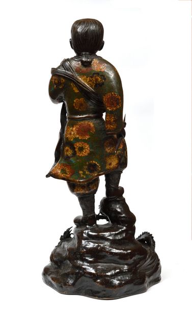 null JAPAN Large cloisonné bronze figurine representing a celestial guardian holding...