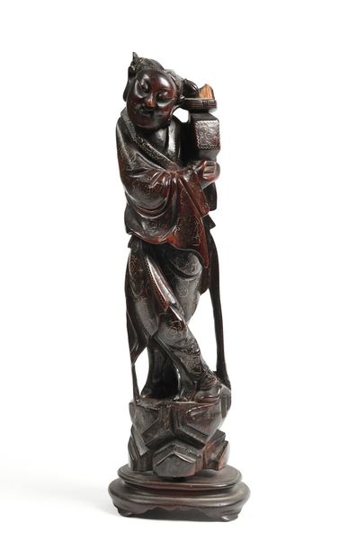 null CHINA - 19th century

Wooden statuette and copper wire inlay of a standing servant...