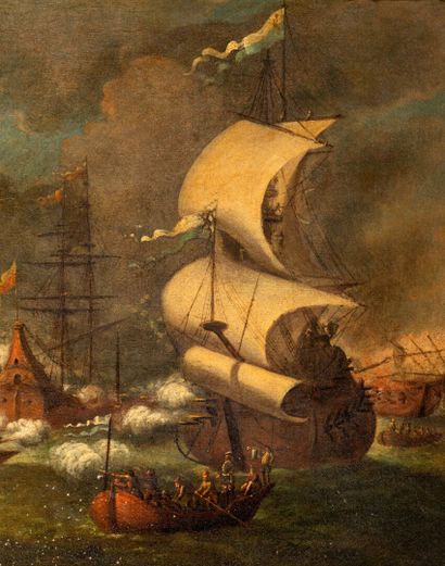 null Attribué à Adrien van der CABEL (1630-1705)

Navires amarrés dans un port méditerranéen

Toile

47x105...