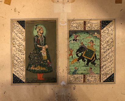 null Portraits et scène de chasse, Inde, style moghol, XXe siècle

Double feuillet...