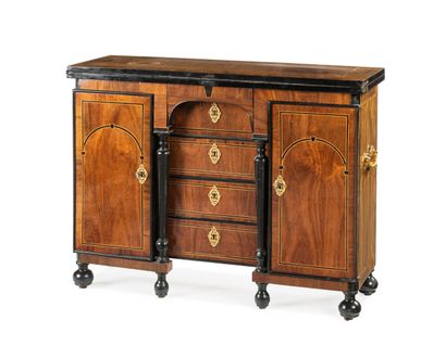 null The rectangular top of the bureau de changeur is inlaid with coral wood decorated...
