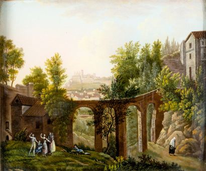 null French school of the XIXth century

Landscape with a bridge and walkers

Gouache

13...