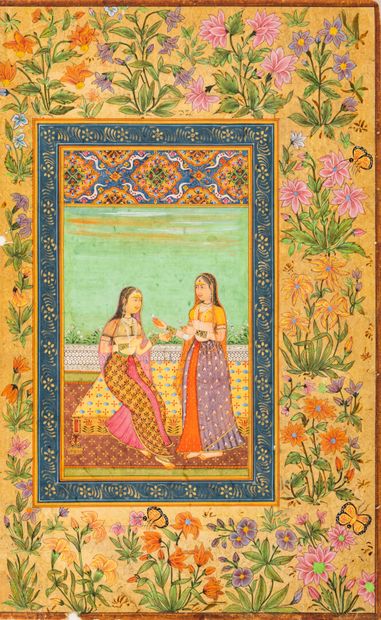 null Two women in conversation on a terrace, India, Mughal style, 20th century

Gouache...