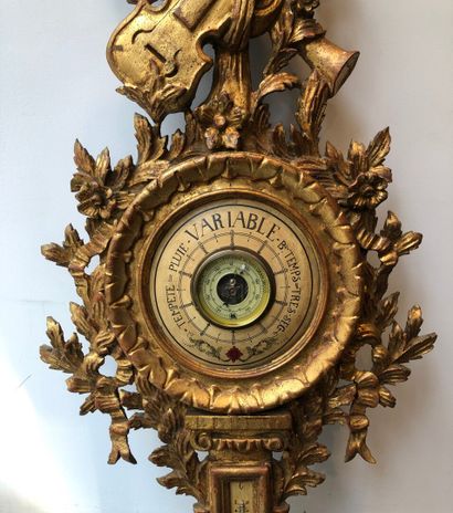 null Baromètre et thermomètre en bois doré de style Louis XVI. 

Travail moderne.

H....