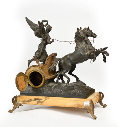 null Victory chariot clock in regula with double brown and gold patina, the base...