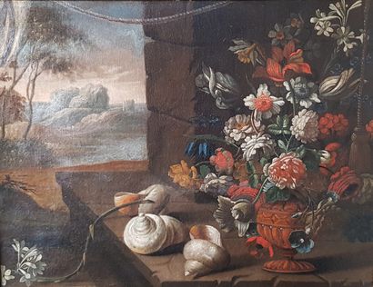 null * Ecole hollandaise du XIXème siècle

Nature morte au bouquet et coquillages...