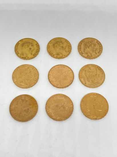 null 
9 coins of 20 frs Gold (1 of 1856 A; 1 of 1859 A; 1 of 1867 A; 1 of 1869 A;...