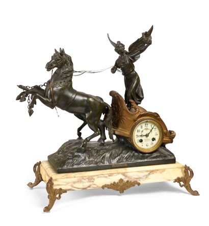 null Victory chariot clock in regula with double brown and gold patina, the base...