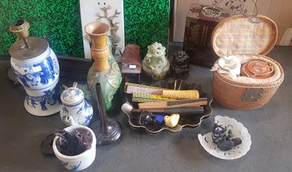 null ASIA: lot of trinkets, vases, travel souvenirs, picnic basket, fans, hard stone...