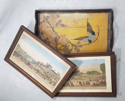 null Lot including a pyrographed wooden tray with birds decoration 

Two optical...