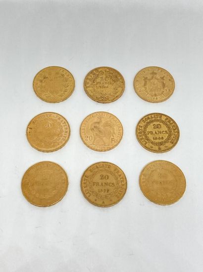 null 
9 coins of 20 frs Gold (1 of 1848 A; 1 of 1857 A; 1 of 1858 A; 1 of 1865 A;...