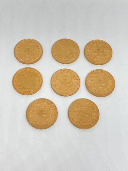null 
8 pieces of 20 frs Swiss Gold (1927 B), 50g
