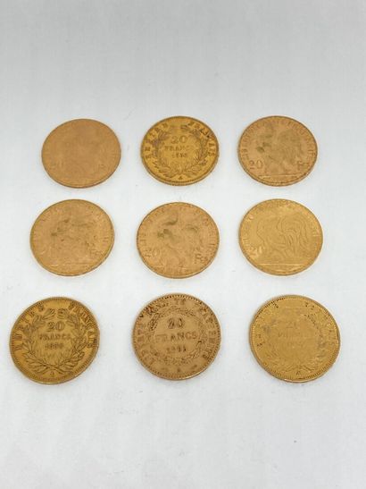 null 
9 pièces de 20 frs Or (1 de 1856 A; 1 de 1857 A; 1 de 1859 A; 1 de 1895 A;...