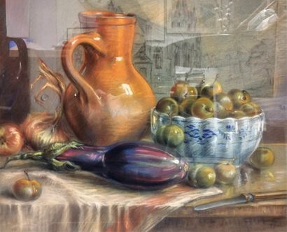 null 20th century FRENCH school

Still life with plums, eggplant, onion and carafe

Pastel...