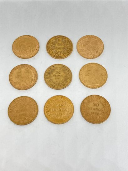 null 
9 pièces de 20 frs Or (1 de 1851 A; 1 de 1854 A; 1 de 1878 A; 1 de 1893 A;...