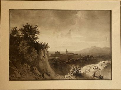 null FRENCH SCHOOL circa 1840

Rocky landscape, a village in the distance

Black...