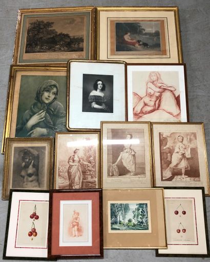 null A large lot of various engravings, two of which are in carved fruitwood frames,...