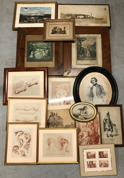 null A large lot of various engravings, two of which are in carved fruitwood frames,...