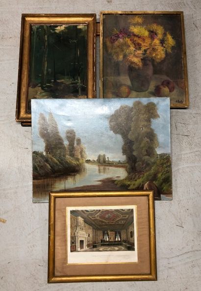 null Set of paintings and various frames: oils and watercolors, engravings and reproductions,...