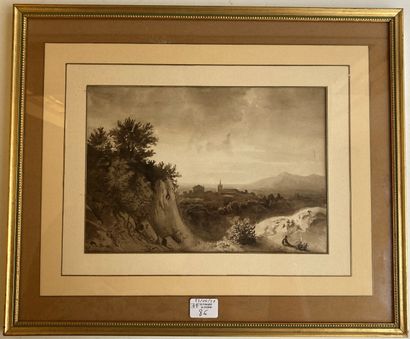 null FRENCH SCHOOL circa 1840

Rocky landscape, a village in the distance

Black...