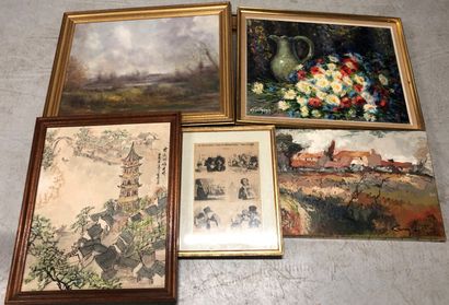 null Set of framed pieces including oils, watercolors, pastels and engravings such...
