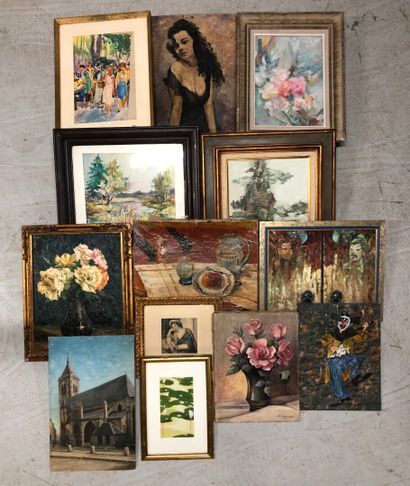 null Set of framed pieces, oils, watercolors such as landscapes, still life, portraits,...