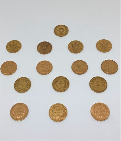 null 15 coins of 20 francs gold (France and Switzerland) including :

- SWITZERLAND,...