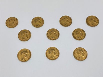 null 10 pièces de 20 francs or NAPOLEON III BARRE :

- 2 de 1859 A

- 2 de 1857 A

-...