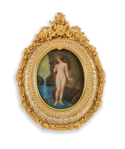 null Ecole FRANCAISE vers 1900

Nymphe au bain

Gouache, miniature ovale

9 x 7 ...