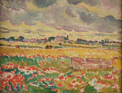  Louis VALTAT (1869-1952) 
Champs de blé en Normandie, 1923 
Huile sur toile 
Cachet...