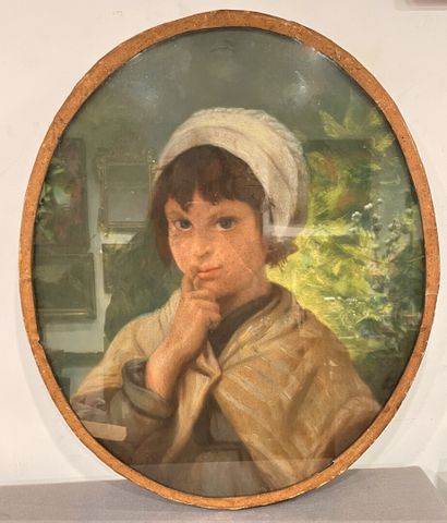 null Lot de tableaux comprenant : 

Jeune fille en médaillon

 Pastel

Vue de moulins...