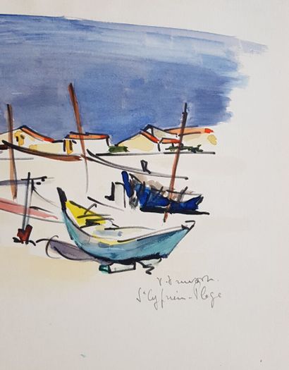 null Pierre PRUVOST (1921-2008)

Barques de pêcheurs à Saint Cyprien Plage 

Gouache...