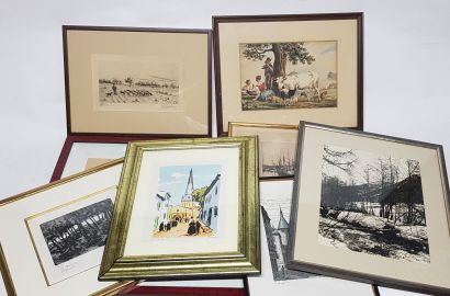 null Important lot of frames including military scenes, Swiss landscapes, city views,...