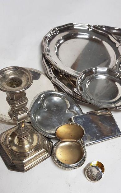 null Lot of silver and pewter metal including ashtray, candlesticks, pill box and...