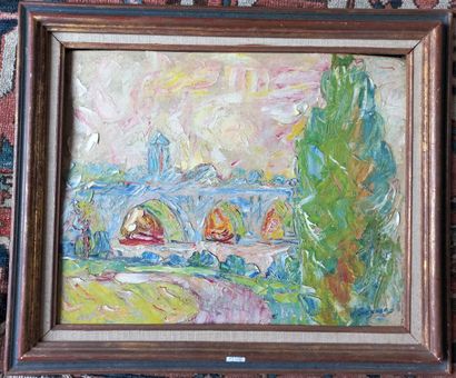 null Attribué à Harry SHENKER (1892-1979)

Paysage au pont

Huile sur carton

39...