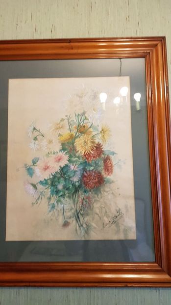 null Lot comprenant : dessin à la gouache "jeté de fleurs" signé Marle Strady 1888

Et...