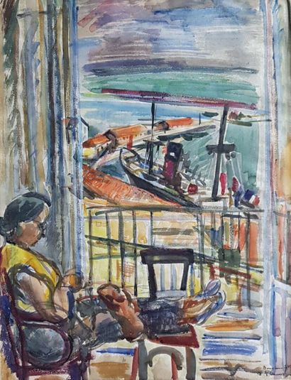 null Pierre PRUVOST (1921-2008)
Femme à l'ouvrage devant sa fenêtre 
Gouache sur...