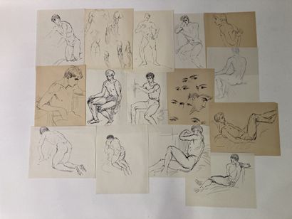 null Amandine DORE, attribué à
Ensemble de dessins et études de corps masculins
Encre,...