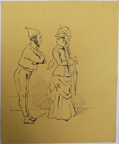 null Alfred GRÉVIN (1827-1892)
COUPLE
Encre de Chine sur papier jaune signée en bas...