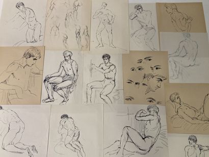 null Amandine DORE, attribué à
Ensemble de dessins et études de corps masculins
Encre,...