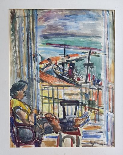 null Pierre PRUVOST (1921-2008)
Femme à l'ouvrage devant sa fenêtre 
Gouache sur...