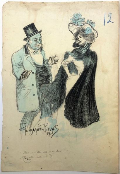 null Gonzague PRIVAT (1880-1915)
L'IVRESSE
Crayon noir et aquarelle, signé en bas...